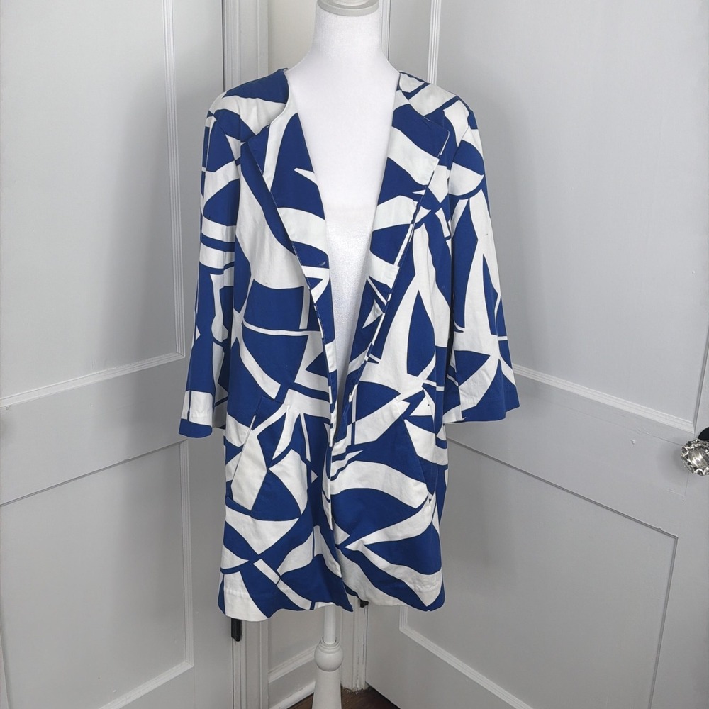 Chicos Jacket Womens 2 Large Blue White Cotton Kimono Open Front Pockets